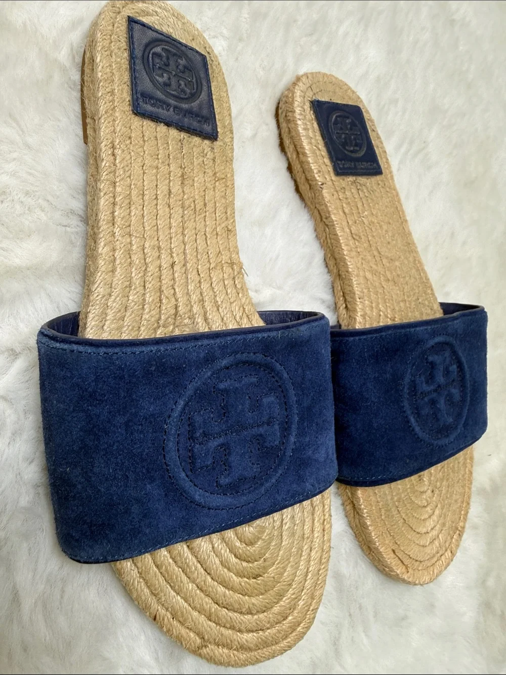 Tory Burch Benton Kid Suede Open Toe Espadrille Slide Navy 7.5 Embossed Logo